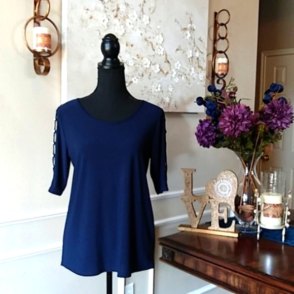 Navy Blue Elbow Sleeves Embellished Top By 89th & Madison. Size M - Picture 11 of 17